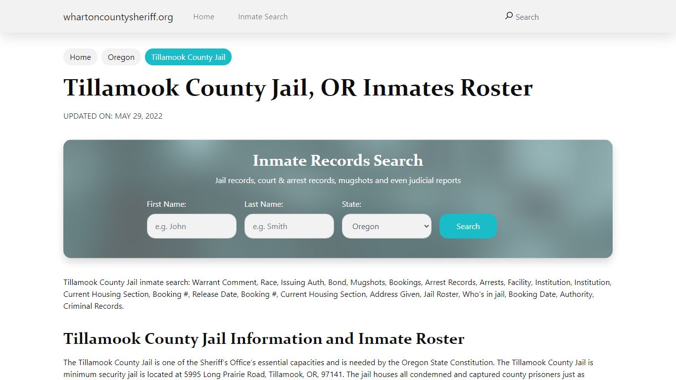 Tillamook County Jail, OR Jail Roster, Name Search